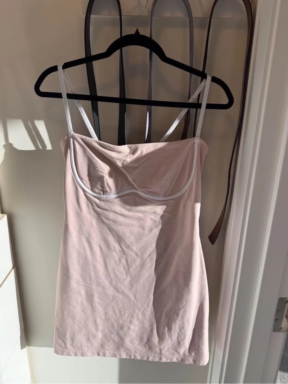 Alo Yoga Airbrush Streamlined Mini Dress in Pink Quartz/White.